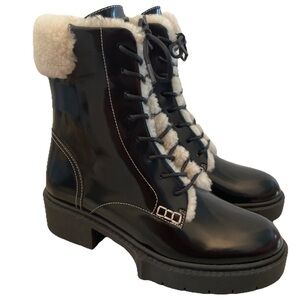 NEW COACH Leighton Shearling Fur Lace Up Boots Black Semi Gloss Womens Size 5
